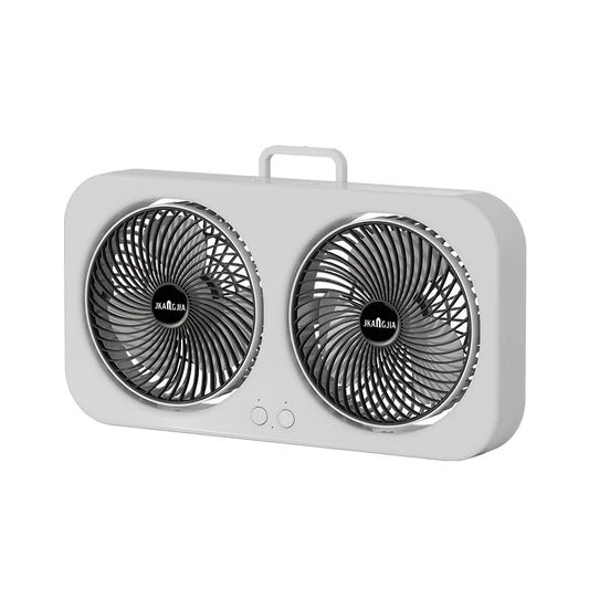 Portable double-head USB fan with dual 360° heads, black blades