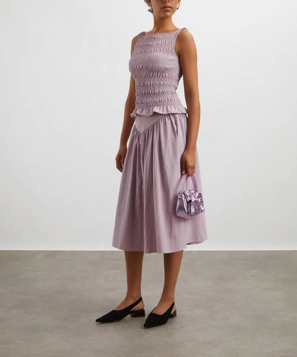 Dusty Pink High-Waist Midi Skirt with Gathered Panels