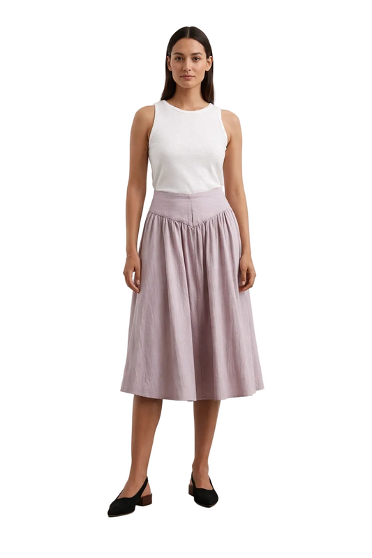 Dusty Pink High-Waist Midi Skirt with Gathered Panels