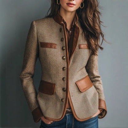 Brown tweed-style jacket with leather-look trim, button front, and flap pockets