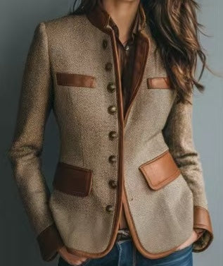 Brown tweed-look jacket with leather-trim pockets and metal button front