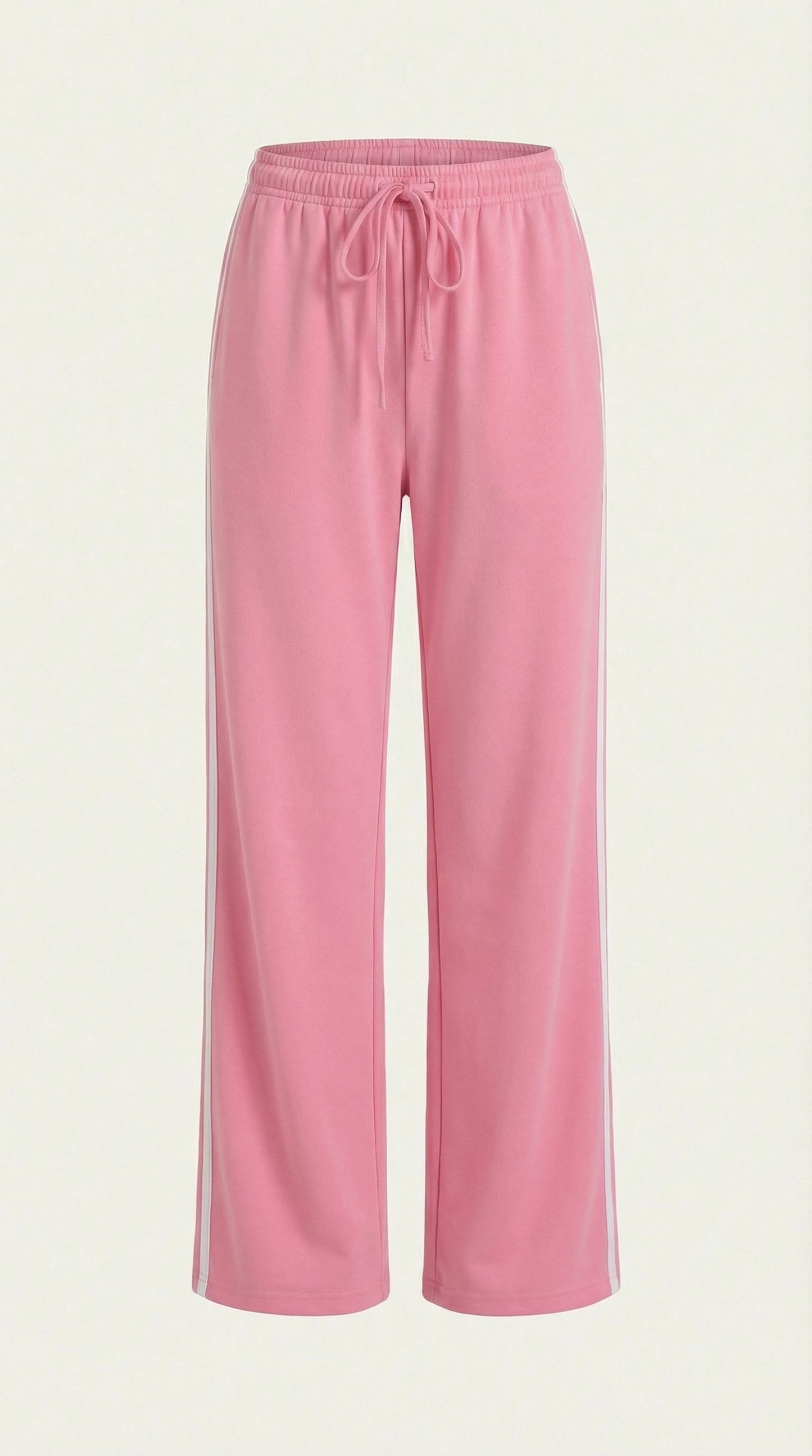 Pink wide-leg track pants, elastic waistband with drawstring, white side stripes