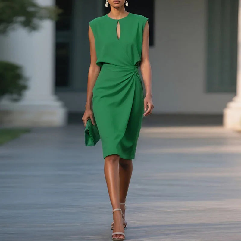 Green sleeveless ruched midi sheath dress, high waist, keyhole neckline