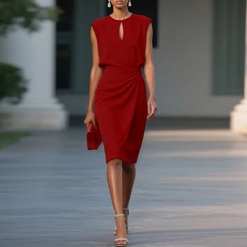 Red sleeveless sheath midi dress with high-waist ruched detail and keyhole neckline