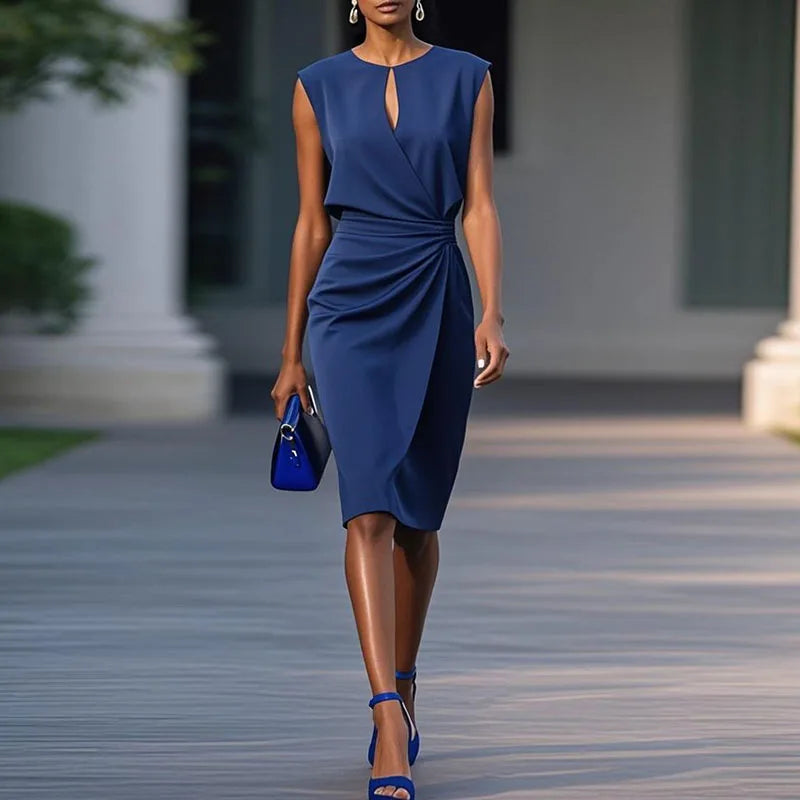 Navy sleeveless sheath midi dress with ruched waist knot and V-neck front