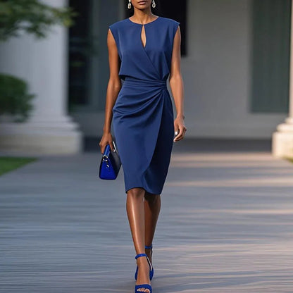Navy sleeveless sheath midi dress with ruched waist knot and V-neck front