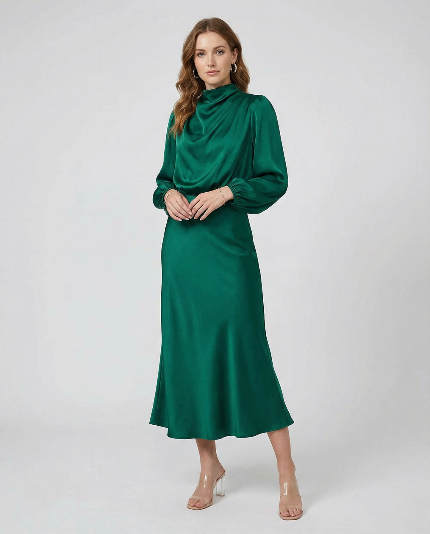 Dark green satin cowl-neck long-sleeve midi dress with draped neckline