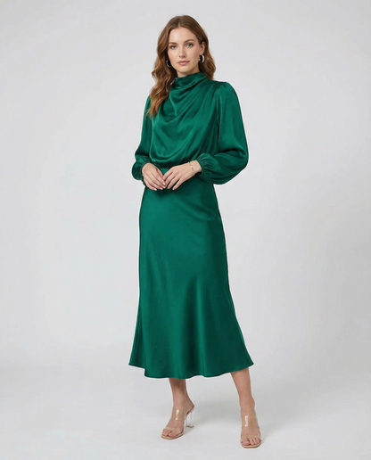 Dark green satin cowl-neck long-sleeve midi dress with draped neckline
