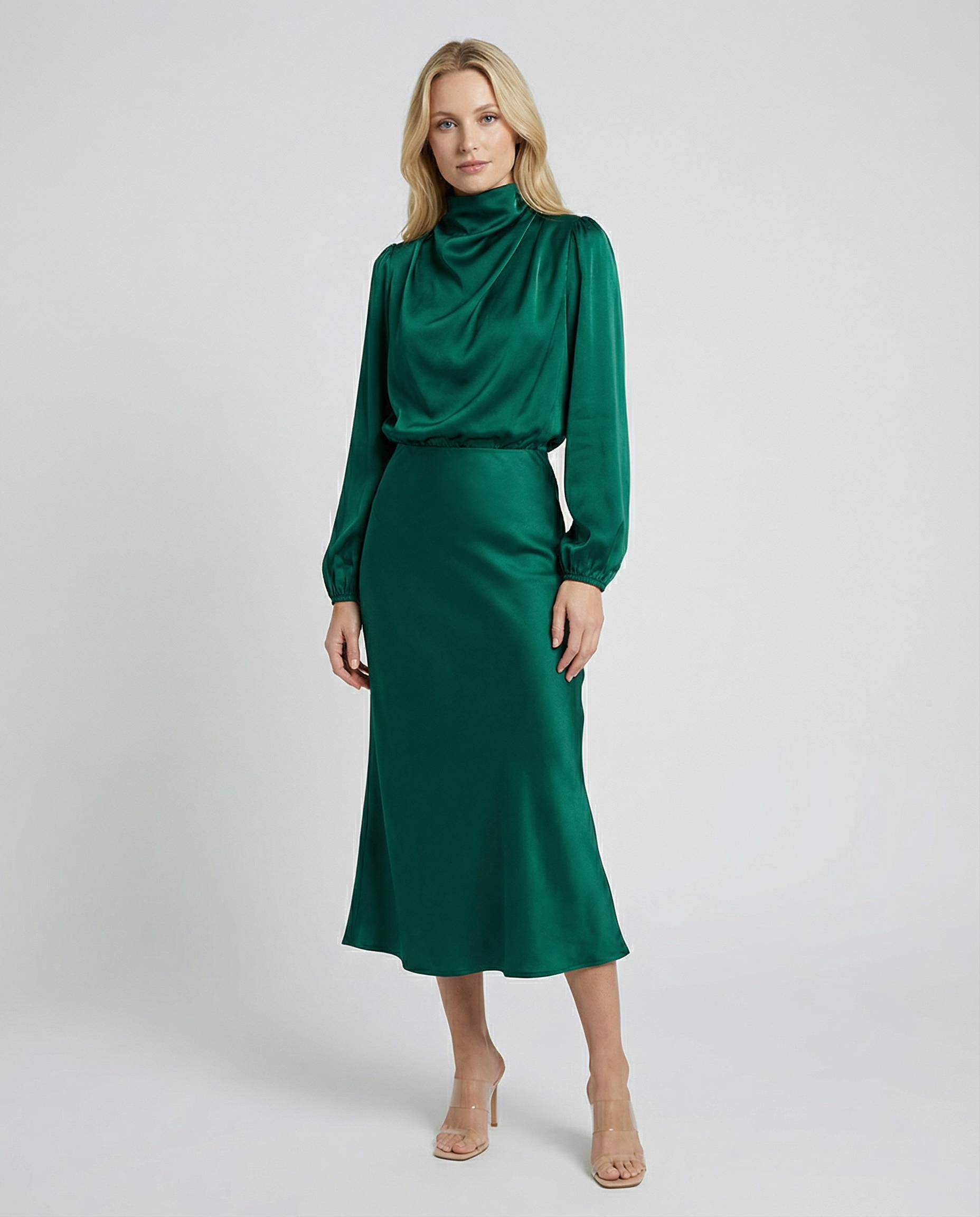 Jade green satin cowl-neck midi dress with long sleeves, fitted waist, side slit