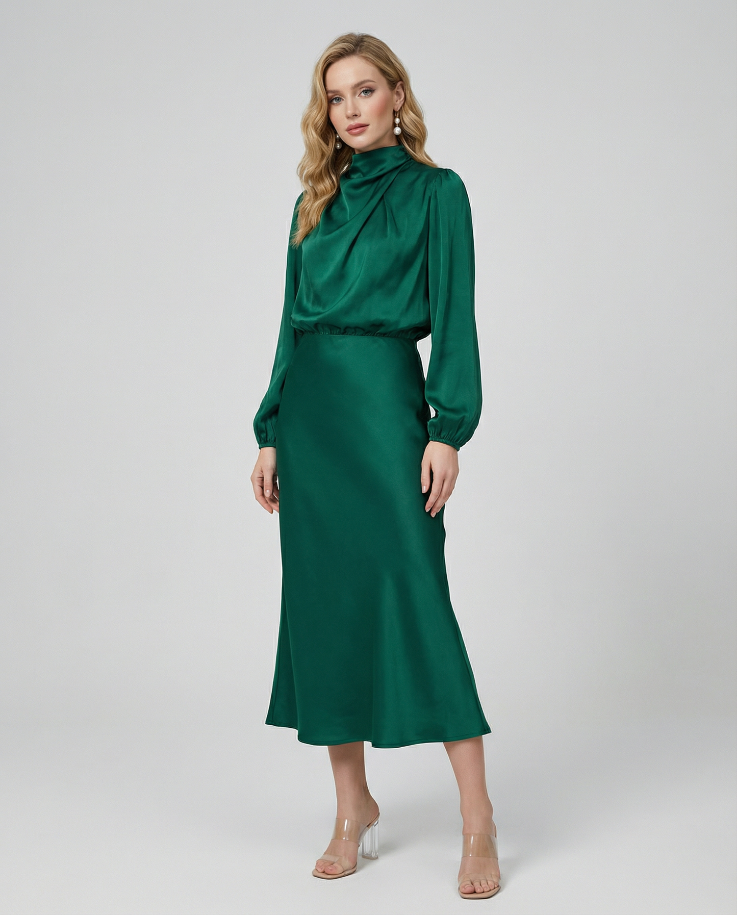 Dark green satin cowl-neck midi dress with long sleeves