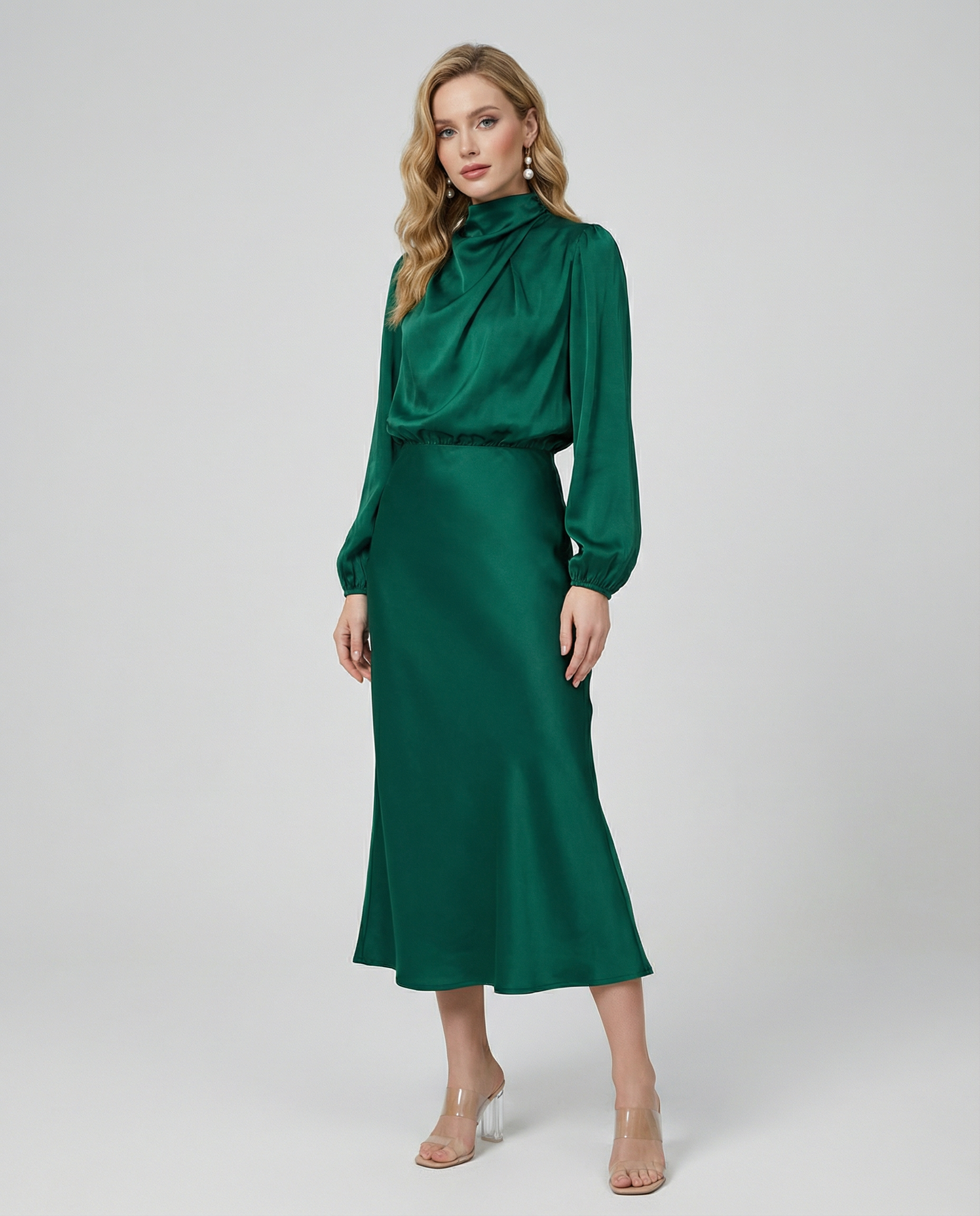 Dark green satin cowl-neck midi dress with long sleeves