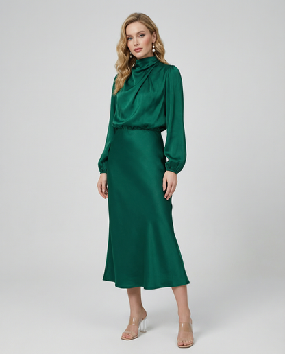 Dark green satin cowl-neck midi dress with long sleeves