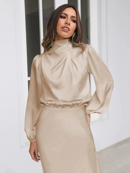 Beige satin cowl-neck midi dress with long sleeves