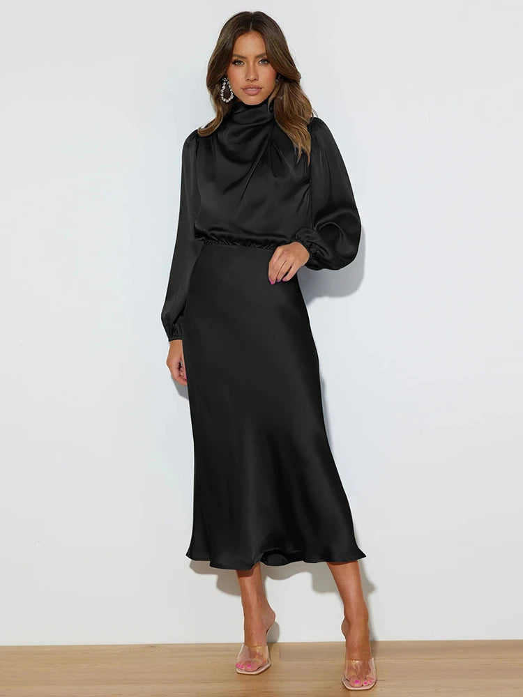 Black satin cowl neck midi evening dress with long sleeves