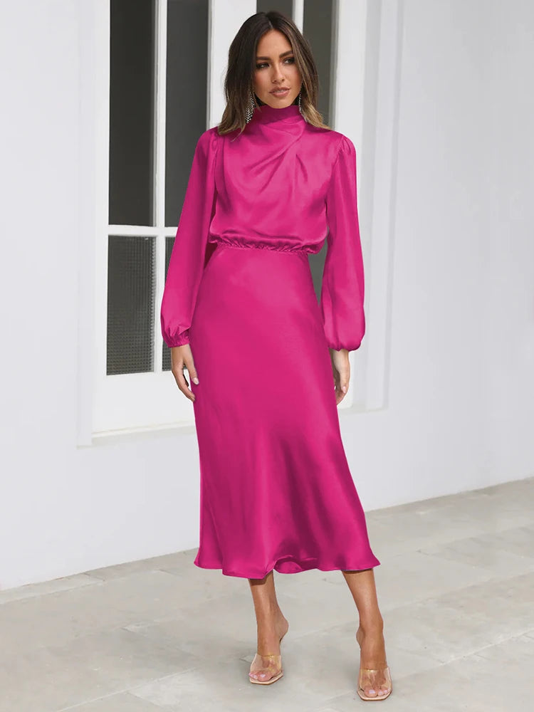 Pink satin cowl neck midi dress with long sleeves