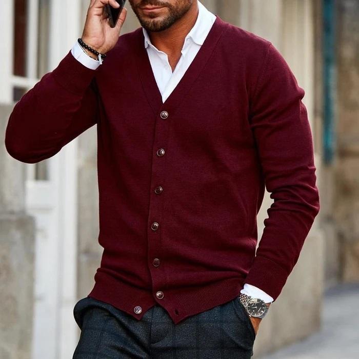 Men's wine red V-neck button cardigan with ribbed cuffs and hem