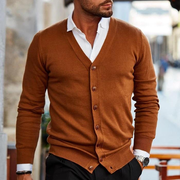Men's tan/brown V-neck button cardigan with four front buttons