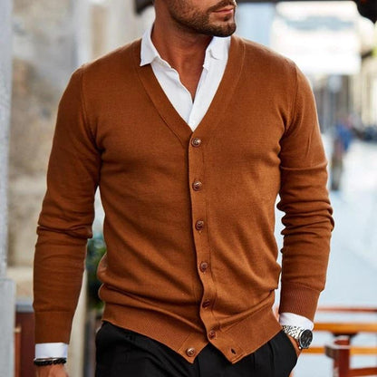 Men's tan/brown V-neck button cardigan with four front buttons