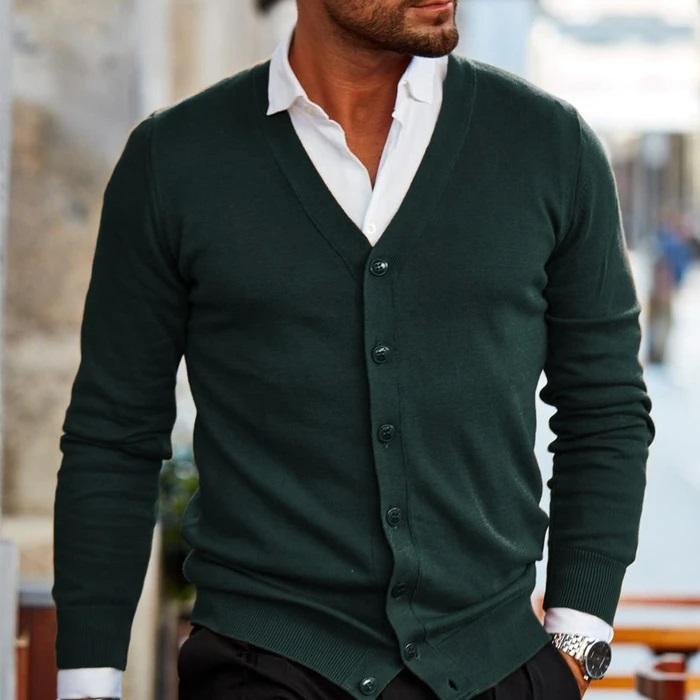 Men's dark green V-neck button cardigan with ribbed cuffs