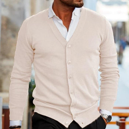 Men's cream V-neck button cardigan with button front