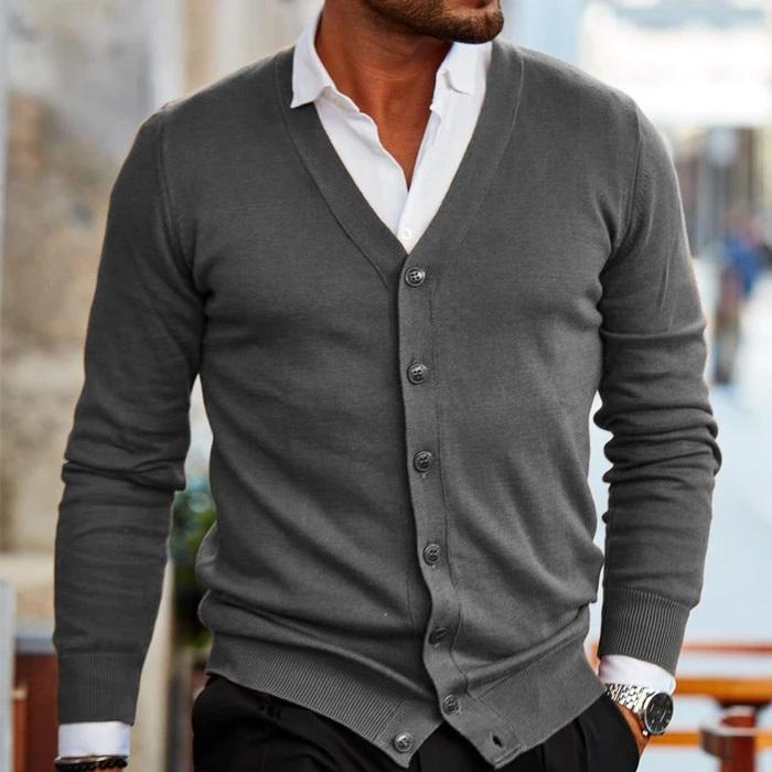 Men's dark gray V-neck button cardigan with ribbed hem