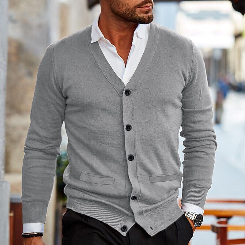 Men's light gray V-neck button cardigan with button front