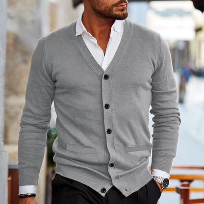 Men's light gray V-neck button cardigan with button front