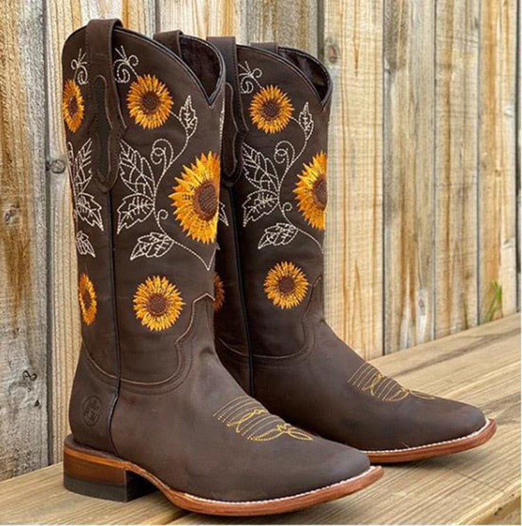 Dark brown cowboy boots with sunflower embroidery, low stacked heel