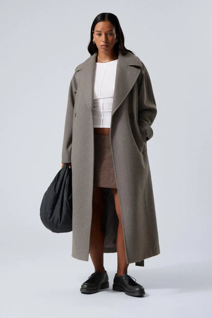 Women’s long oversized wool coat, grey, open front with notched lapels and belt tie.