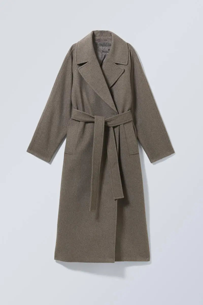 Grey oversized long wool coat with notched lapels and tied waist belt, front view.