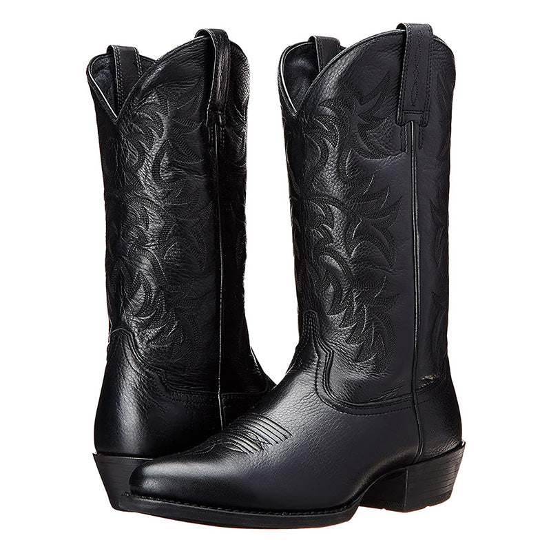 Women's black western cowboy boots with ornate embossed floral shaft and pull tab