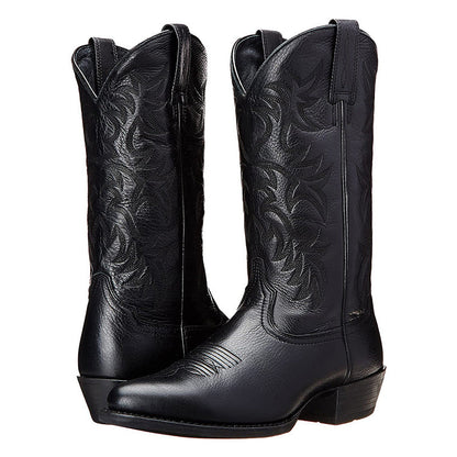 Women's black western cowboy boots with ornate embossed floral shaft and pull tab