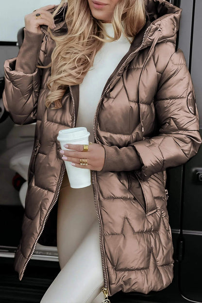 Brown hooded puffer jacket with full zip, quilted panels, and adjustable hood.