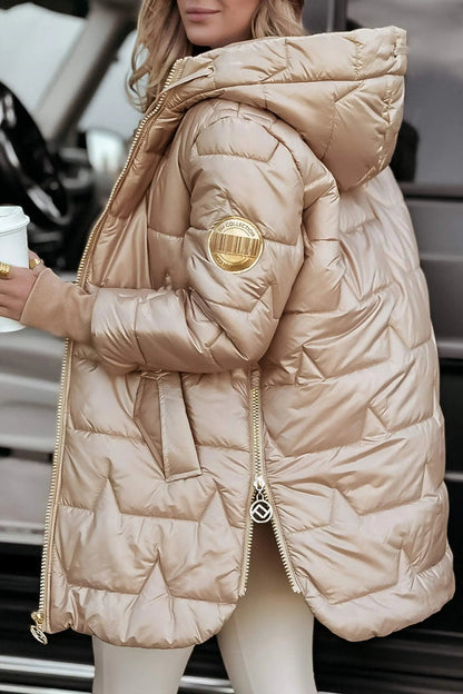 Light beige hooded puffer jacket with full zip and quilted hood.