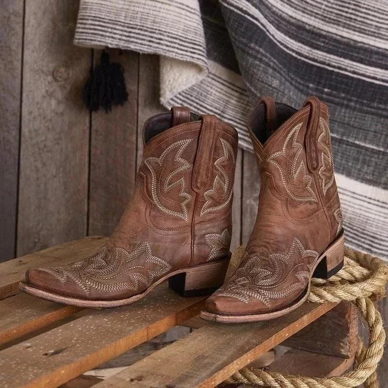Brown women's cowboy boots with western embroidery, pull-on, stacked block heel.