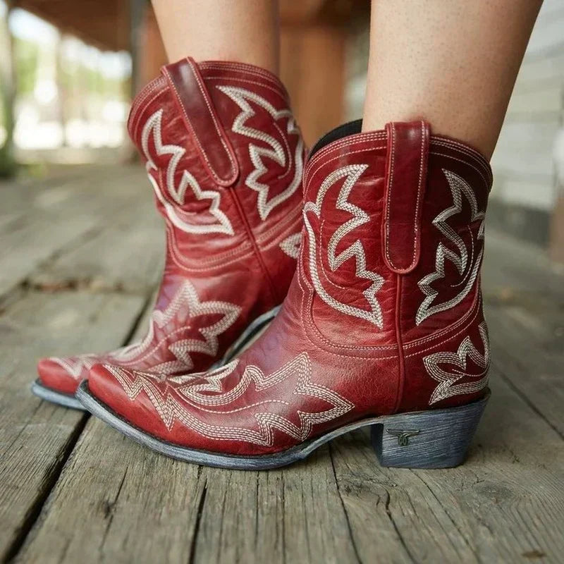 Red women's cowboy boots with white western embroidery, pull-on, mid block heel.