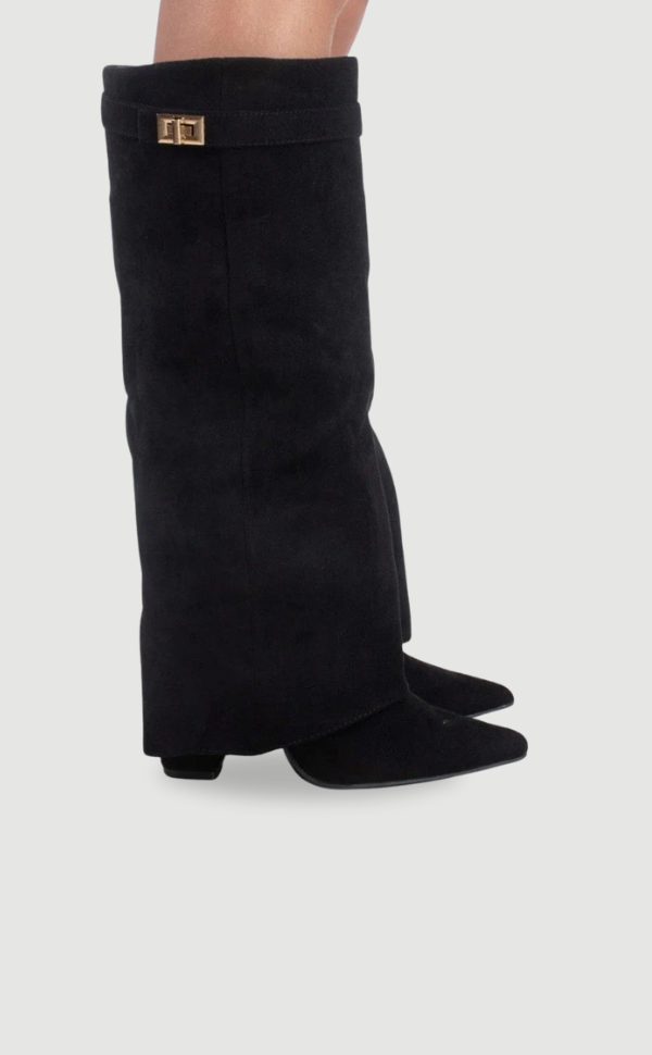 Black suede knee-high boots, side view, with low block heel and square buckle
