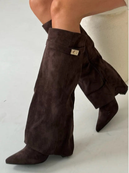 Dark suede knee-high boots with small side buckle detail, low block heel