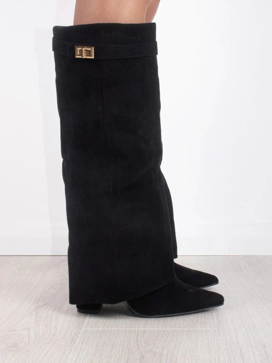 Black suede knee-high boots with square buckle strap and pointed toe