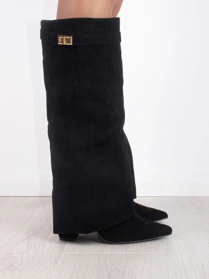 Black suede knee-high boots with square buckle strap and pointed toe