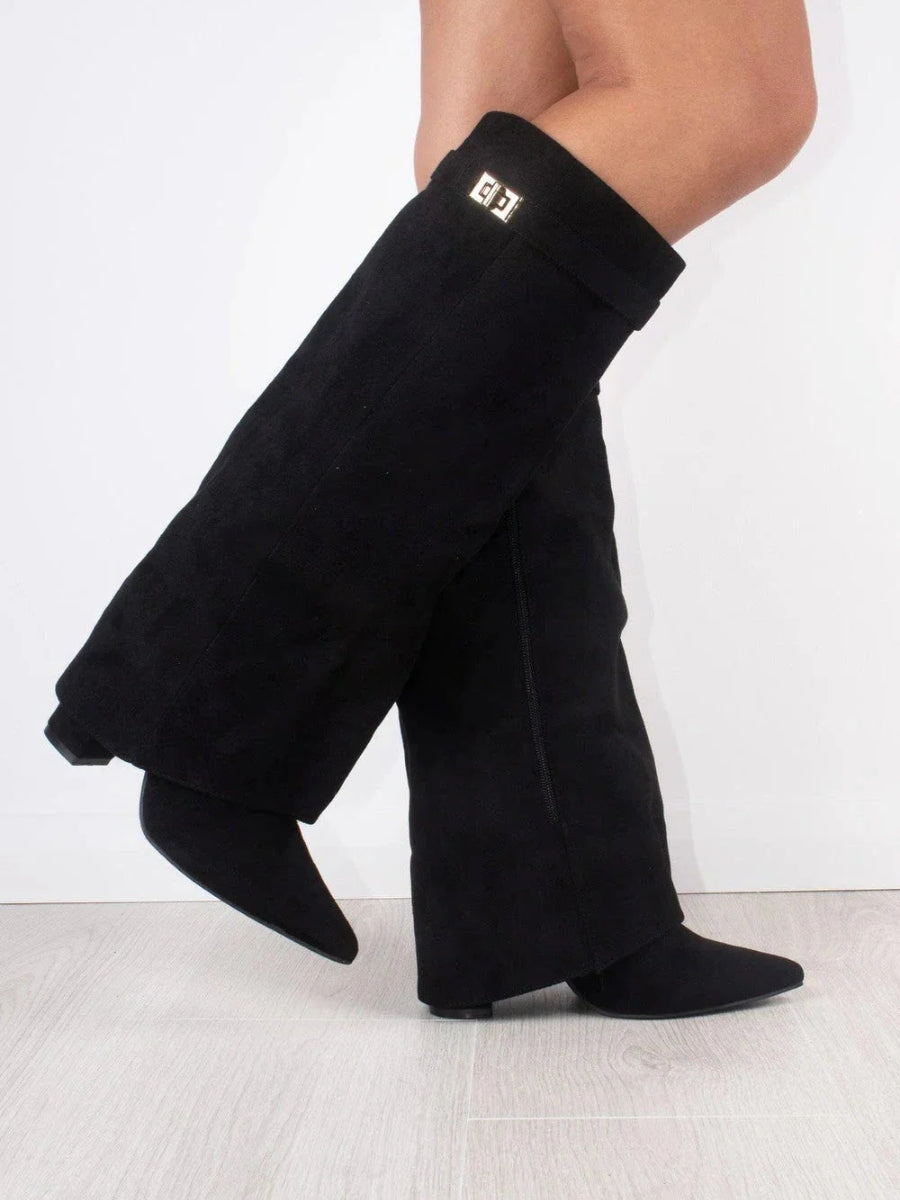 Black suede knee-high boots, front angled view, with square buckle cuff