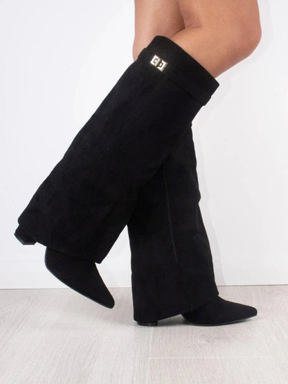Black suede knee-high boots, front angled view, with square buckle cuff
