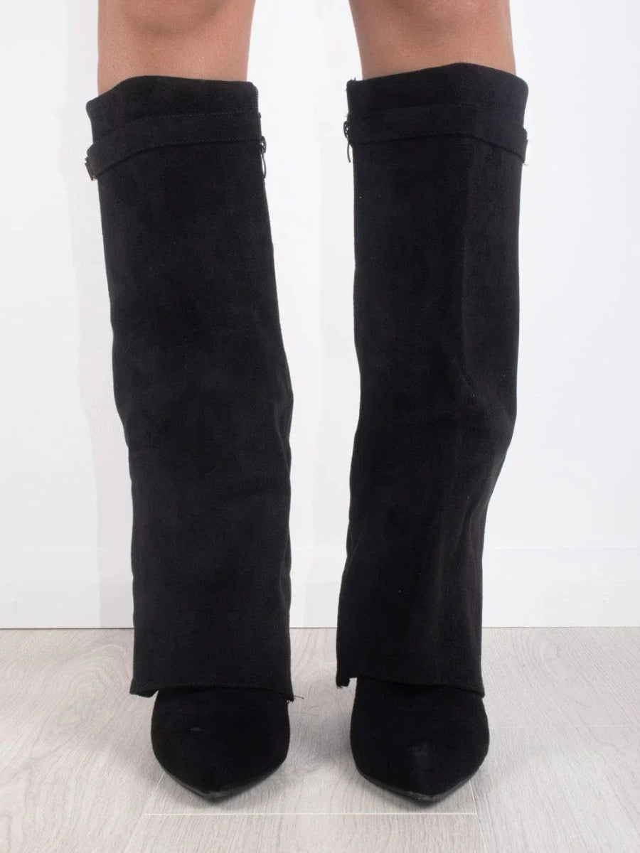 Black suede knee-high boots, back view, with square buckle and block heel
