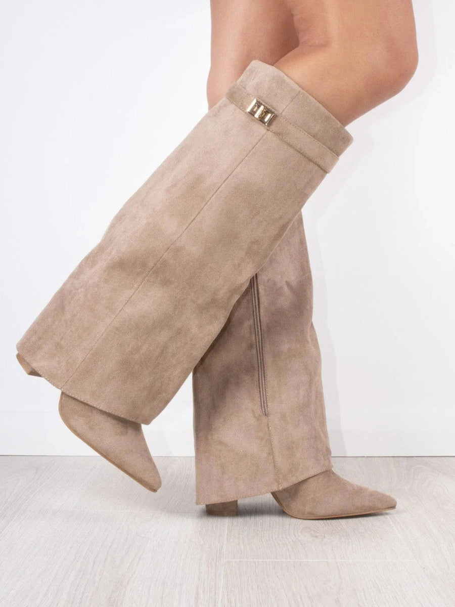 Beige suede knee-high boots with square buckle cuff and stacked block heel