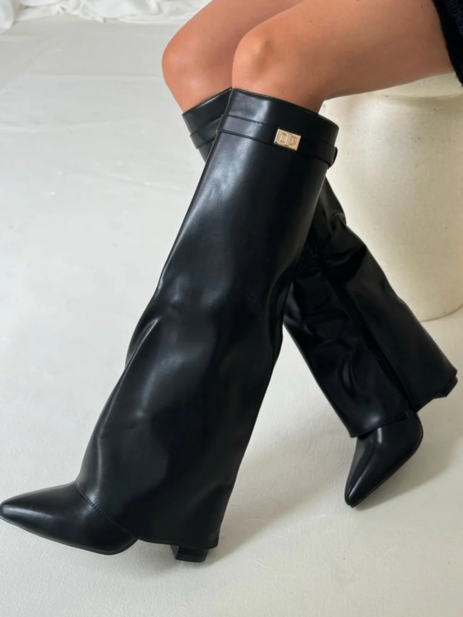 Black leather knee-high boots with square buckle cuff and chunky block heel