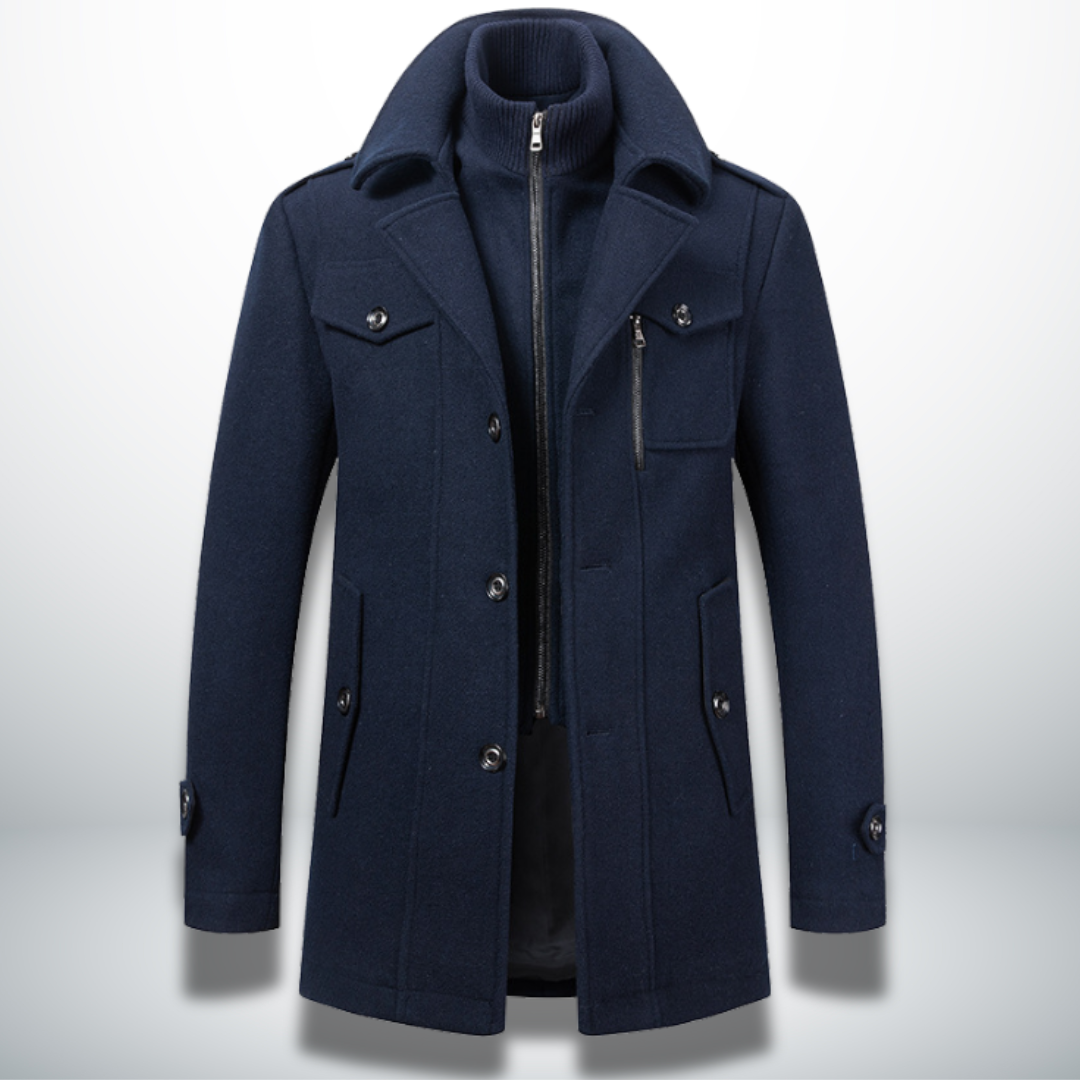 Men's dark blue smart-casual coat with zip front and flap chest pockets
