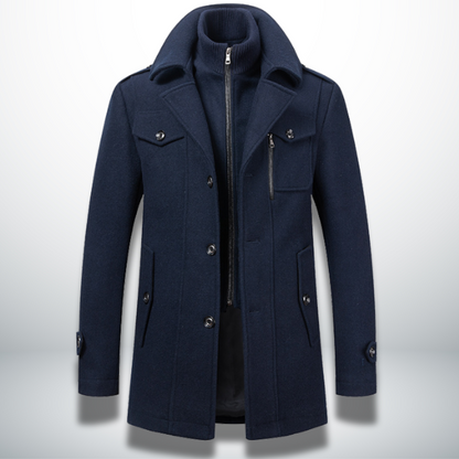 Men's dark blue smart-casual coat with zip front and flap chest pockets