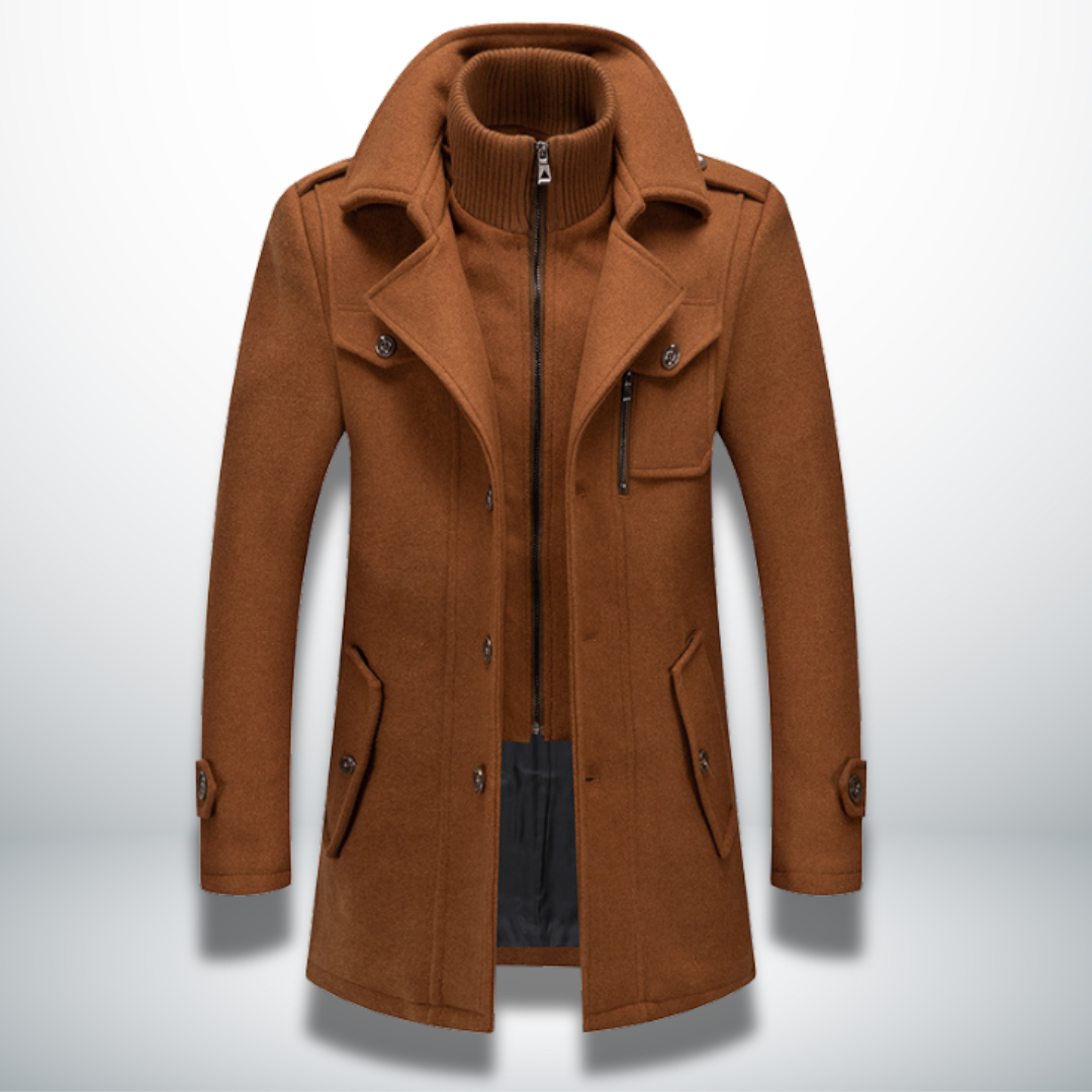 Men's camel smart-casual coat with zip front and side flap pockets