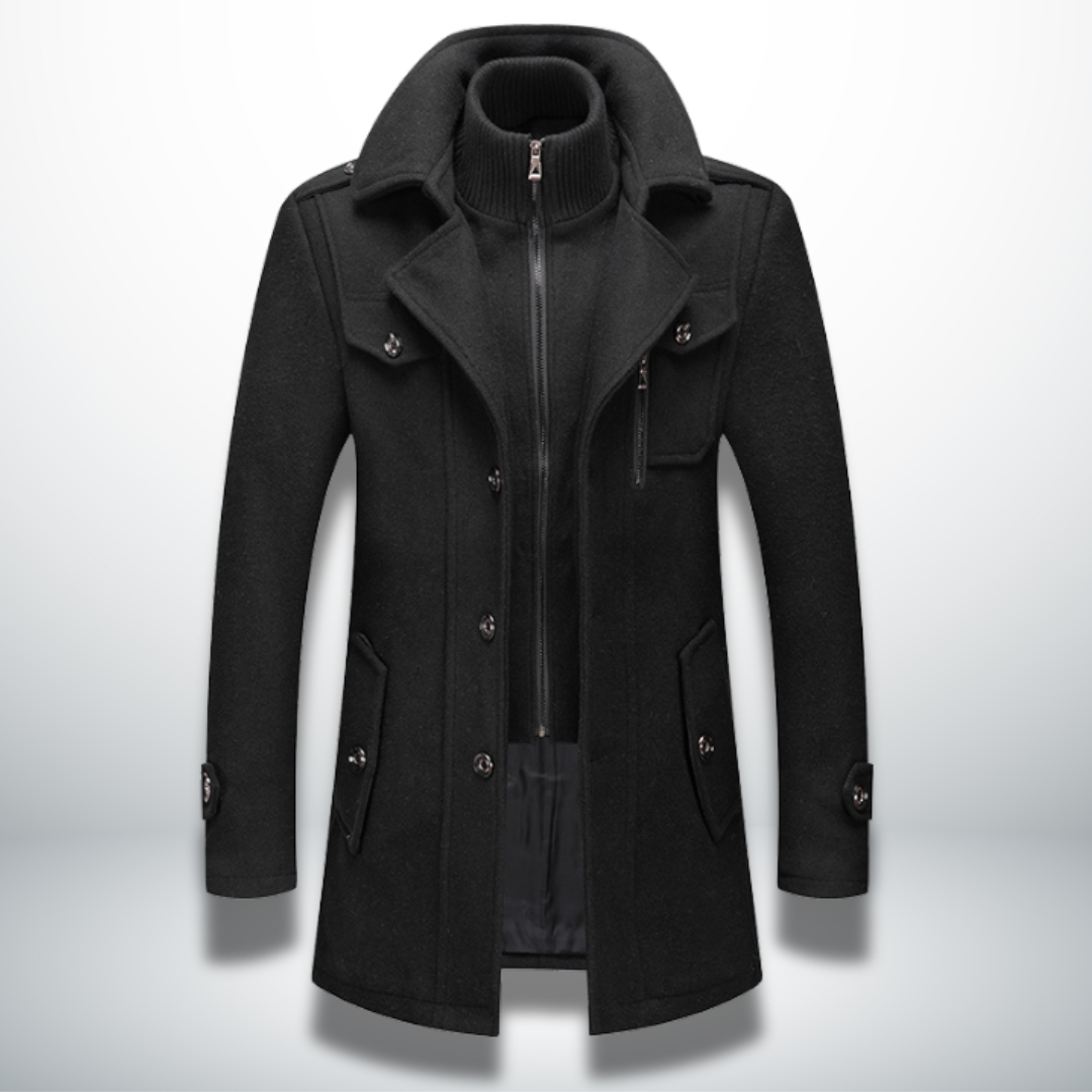 Men's black smart-casual coat with zip front and flap pockets