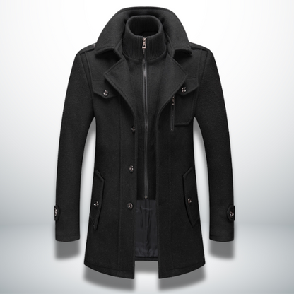 Men's black smart-casual coat with zip front and flap pockets